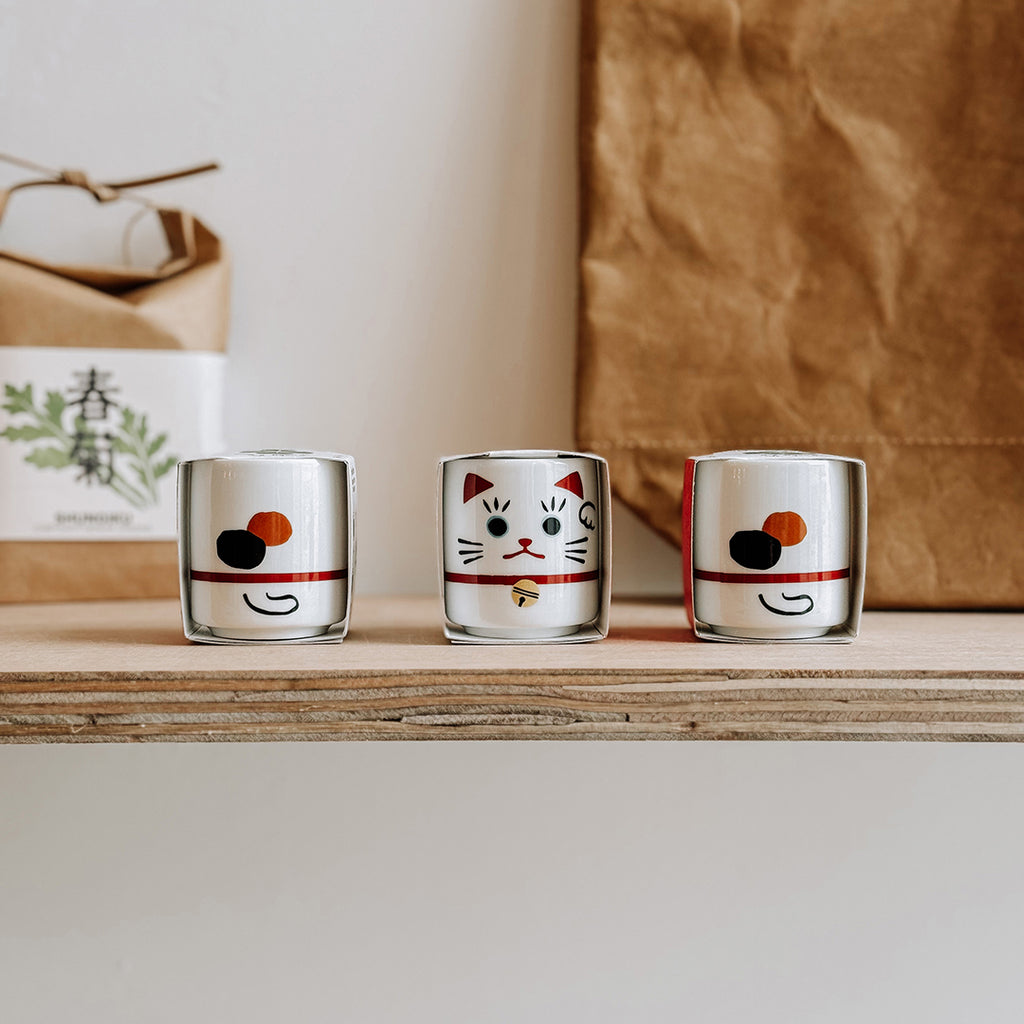 Three ceramic mini plant pots with Japanese Beckoning Cats lined up on a plywood shelf in the byFoke Gift Shop in Poundbury. The middle pot is facing forward showing the face of the cat and the two pots either side are turned around to show the cats tails.