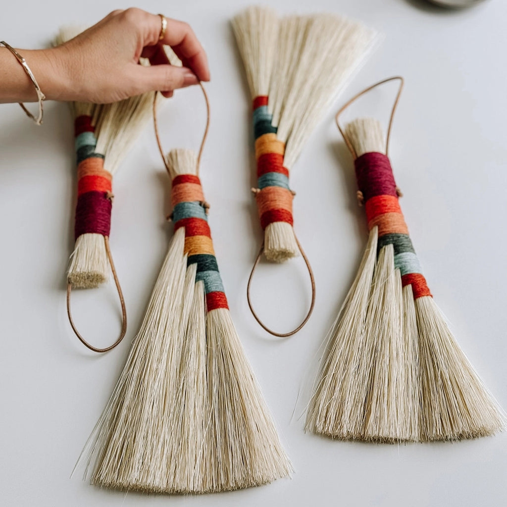 Four handmade Twig Stick Tampico brushes with beautiful coloured woollen handles.