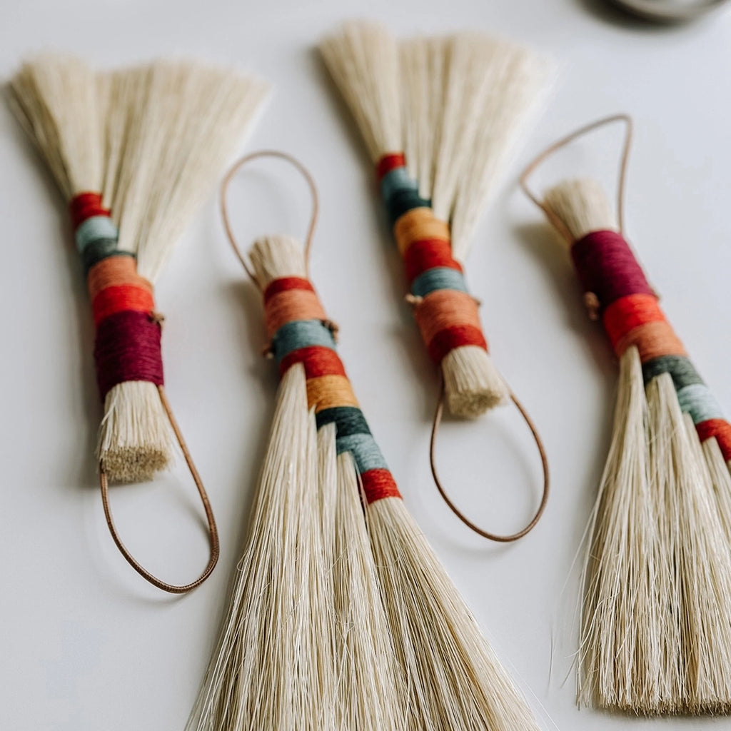 Four handmade Twig Stick Tampico brushes with beautiful coloured woollen handles lying staggered on a table.