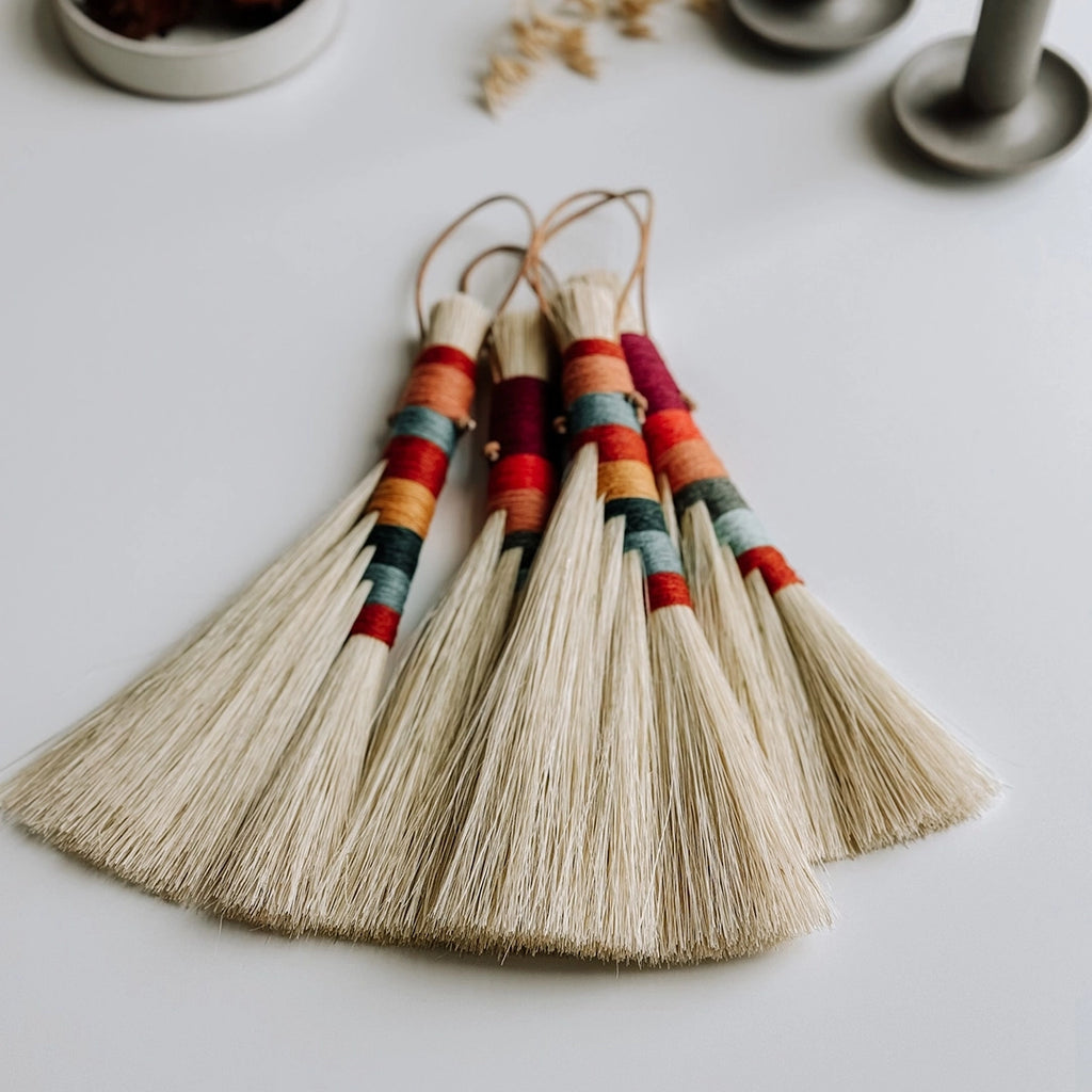 A collection of handmade Twig Stick Tampico brushes with beautiful coloured woollen handles.