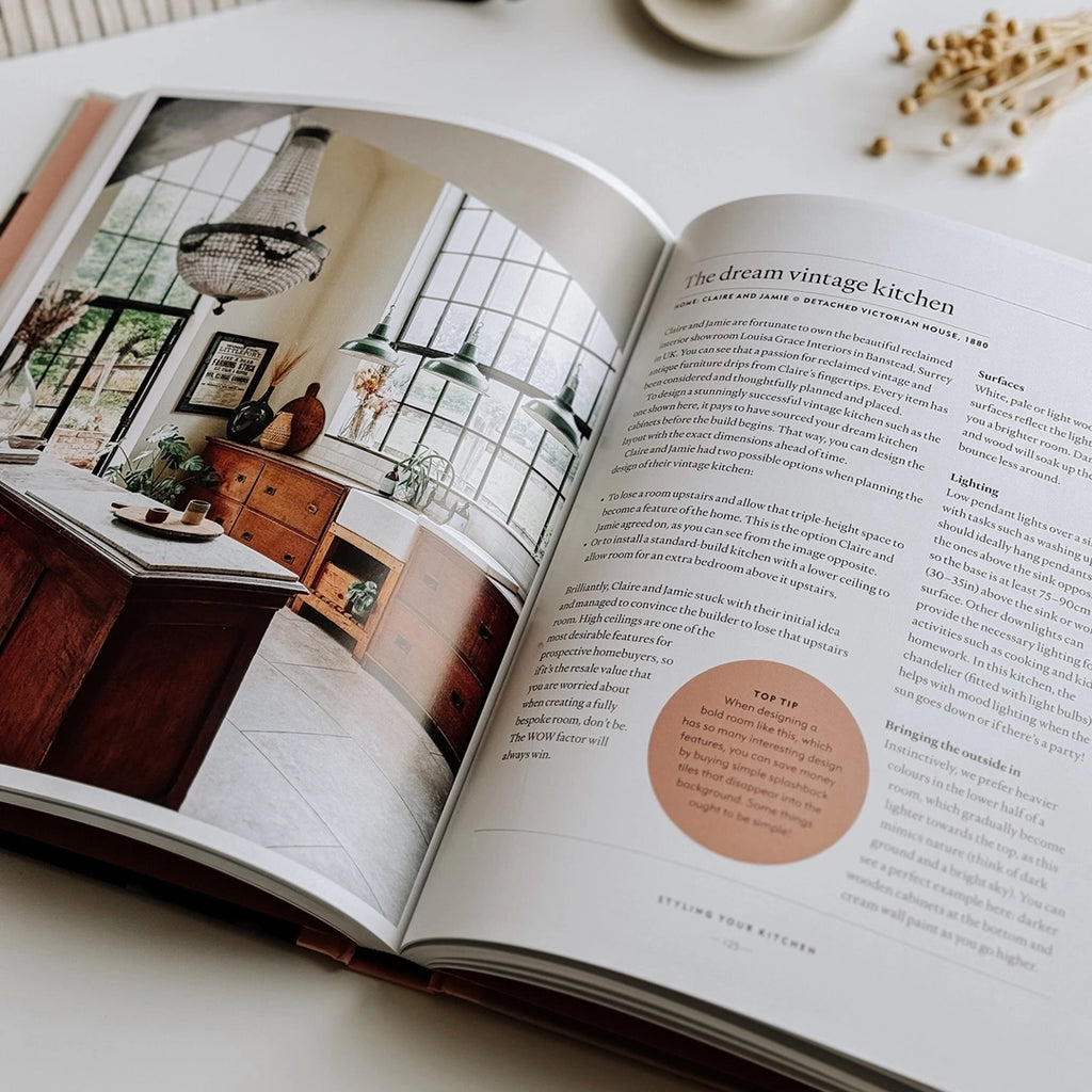 The Home Style Handbook by Lucy Gough, laying open showing a page about the dream vintage kitchen. byFoke