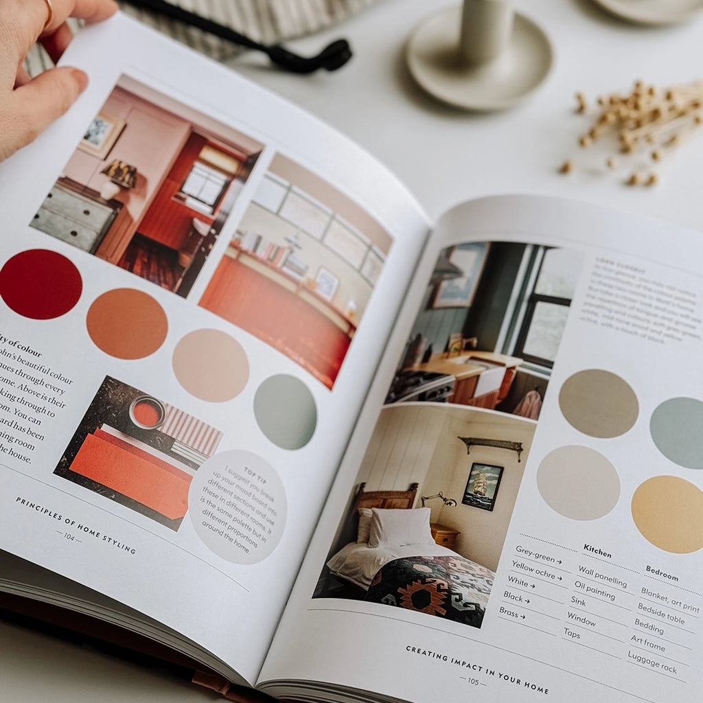 The Home Style Handbook by Lucy Gough, laying open showing a page about colour palettes. byFoke