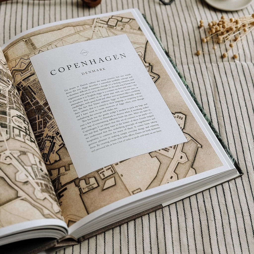 The inside page at the beginning of the Copenhagen chapter in The Kinfolk Table Recipes for Small Gatherings Cook Book. The book is open on a striped table cloth. byFoke