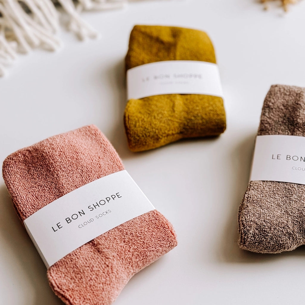 Three pairs of Cloud Socks by Le Bon Shoppe in 3 colours, Mulberry, Olive and Frappe. byFoke.