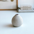 A close up of a beautiful byFoke ceramic bud vase in small containing a sprig of dried oats. The vase is an ecru colour with a black dotty pattern printed onto it. The vase sits on a table with a framed print and a couple of books in the background.