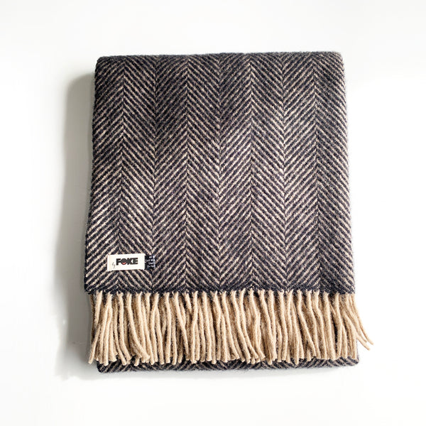 Herringbone Pure New Wool Blanket in Black & Putty