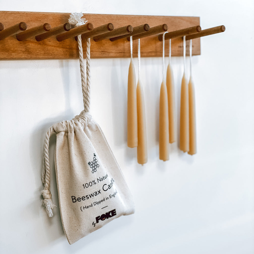 Pure Beeswax Hand Dipped Mini Taper Candles Hanging in Pairs