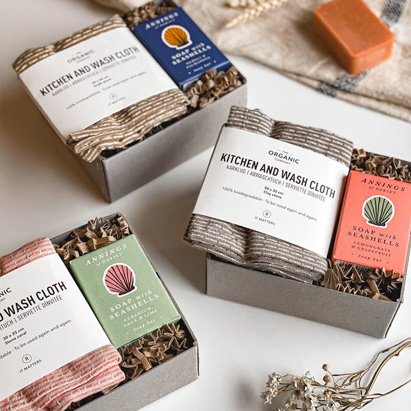 Three byFoke Perdy Gift boxes containing Kitchen cloths by the Organic Company and Soaps by Annings of Dorset. 